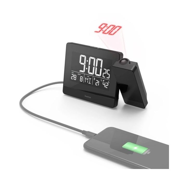 Hama Plus Charge Reloj Despertador Digital con Proyector - Termometro - Higrometro - Funcion de Carga USB-A - Radio - 15x4.5x9.5