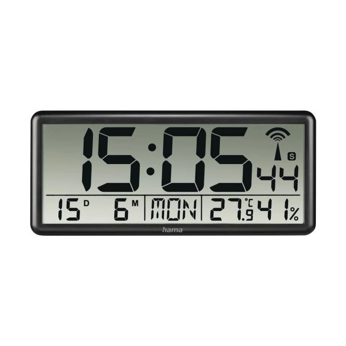 Hama Jumbo Reloj de Pared Digital - Termometro - Higrometro - Zona Horaria Ajustable - Radio - 36x16x3cm - Color Negro
