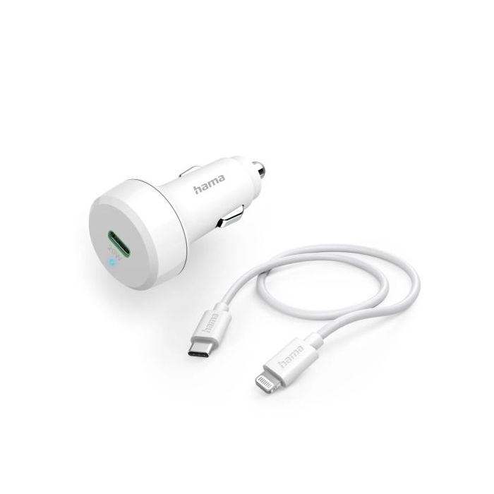 Hama Cargador de Coche 20W - Cable Lightning de 1m - Pantalla LED - Power Delivery - Color Blanco