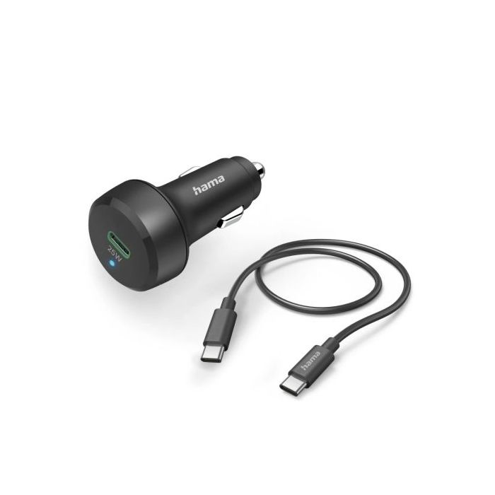 Hama Cargador de Coche 25W - Cable USB-C de 1m - Pantalla LED - Power Delivery - Qualcomm 2.0 - Color Negro