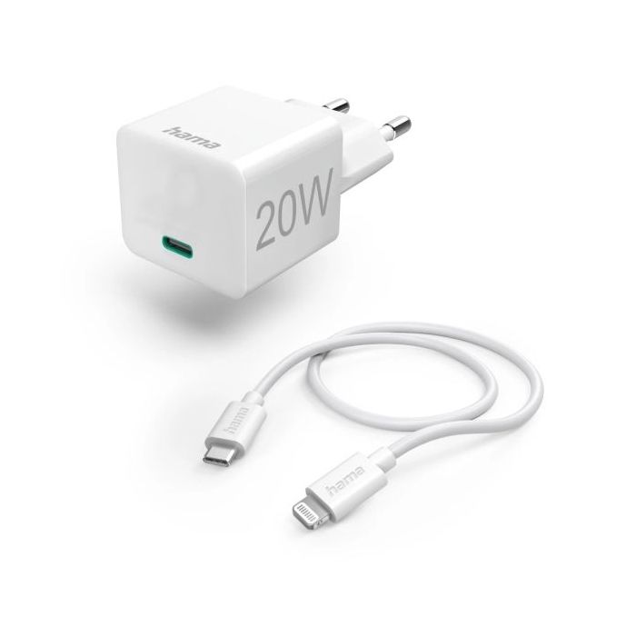 Hama Cargador de Pared - Potencia 20W - USB-C Hembra - Cable de 1m USB-C Macho a Lightning Macho - Power Delivery - Color Blanco