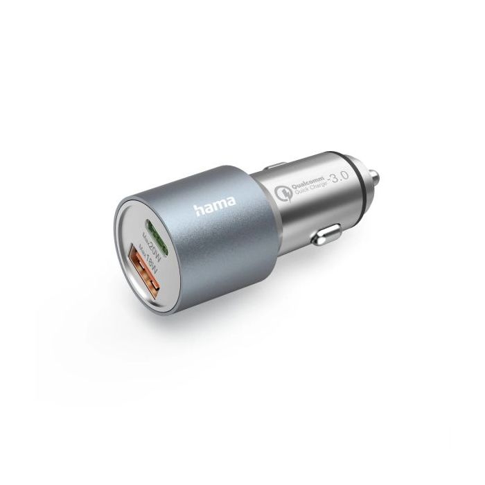 Hama Cargador de Coche 38W - USB-A - USB-C - Pantalla LED - Power Delivery - Qualcomm 3.0 - Color Plata