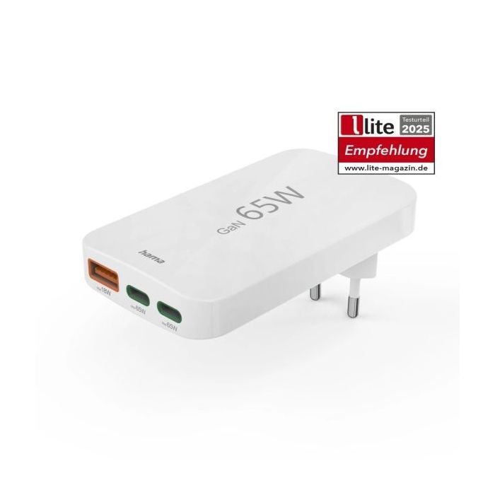 Hama Cargador de Pared - Potencia 65W - 2x USB-C - USB-A - Power Delivery - Qualcomm - Color Blanco