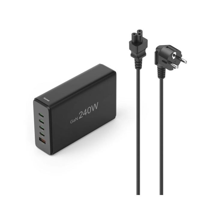 Hama Estacion de Carga USB - Cable 1.5m - 4x USB-C - USB-A - Power Delivery - Qualcomm - GaN - 7.9x12x3.5cm - Color Negro
