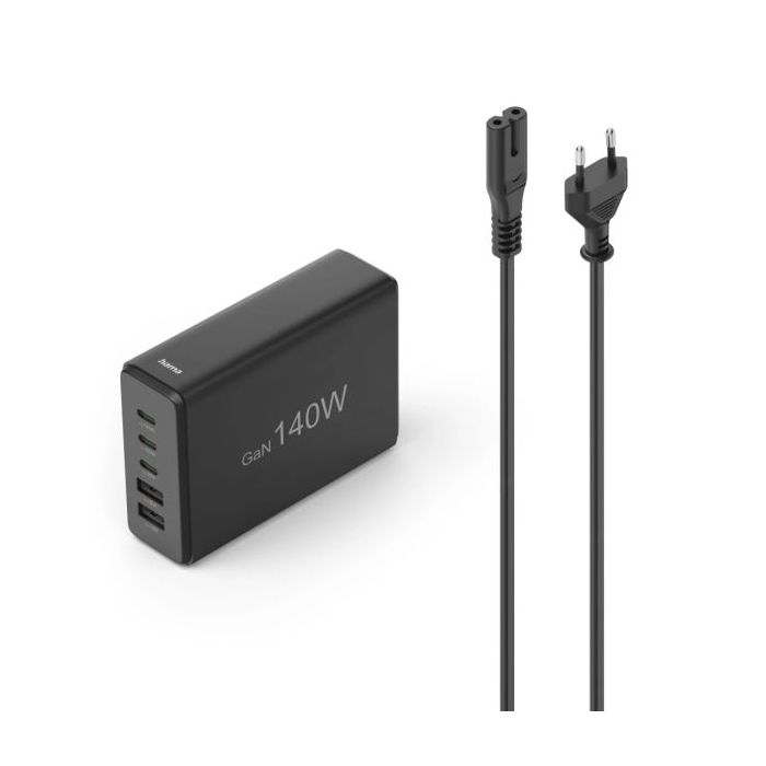 Hama Estacion de Carga USB - 3x USB-C - 2x USB-A - Cable 1.5m - Power Delivery - Qualcomm - GaN - 3.1x10.1x7cm - Color Negro