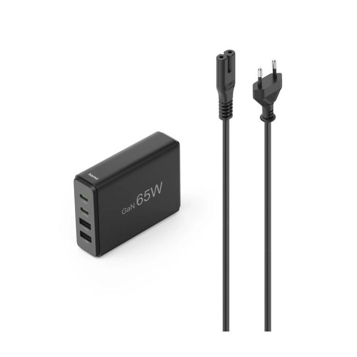 Hama Estacion de Carga USB - Potencia 65W - 2x USB-C - Cable 1.5cm - Power Delivery - Qualcomm - GaN - Color Negro