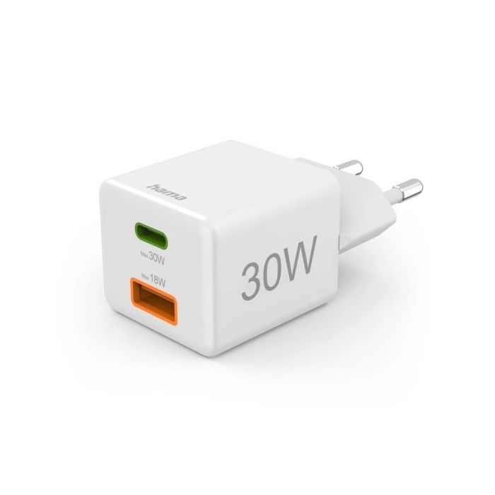 Hama Cargador de Pared - Potencia 30W - USB-C - USB-A - Power Delivery - Qualcomm - Color Blanco