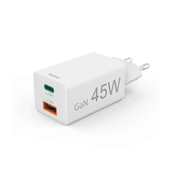 Hama Cargador de Pared - Potencia 45W - USB-C - USB-A - Power Delivery - Qualcomm - Color Blanco