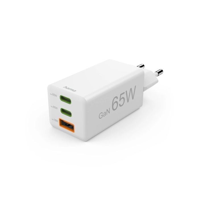 Hama Cargador de Pared - Potencia 65W - 2x USB-C - USB-A - Power Delivery - Qualcomm - GaN - Color Blanco