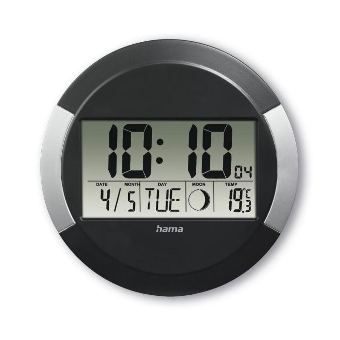 Hama Ischia Reloj de Pared Digital - Termometro - Visualizacion de Fases Lunares - Zona Horaria Ajustable - Radio - 24.5x1.5cm -