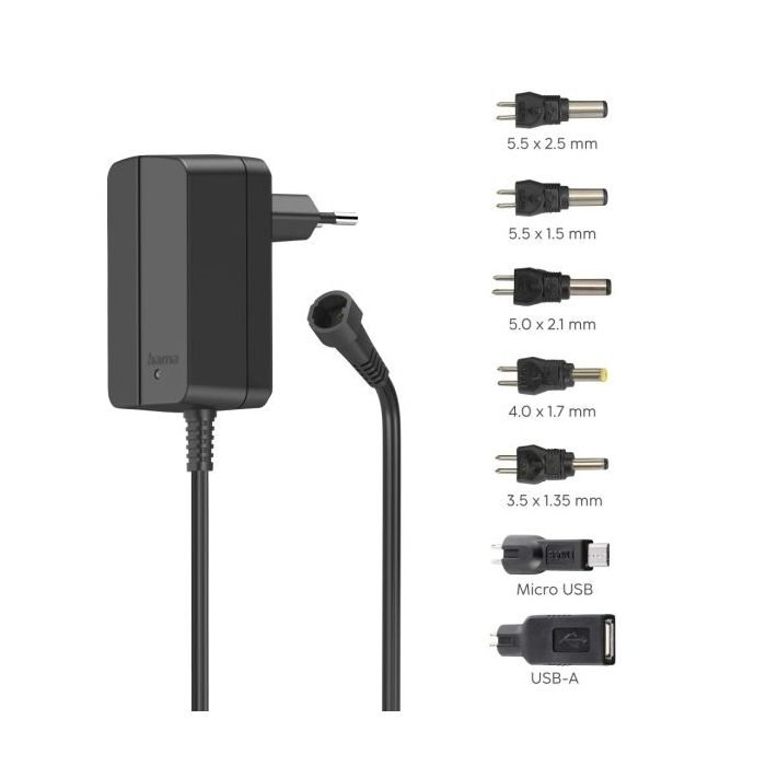 Hama Fuente de Alimentacion Multidispositivo - Potencia 12W - Indicador LED - 7 Adaptadores - Intensidad Maxima 1A - Voltaje Aju