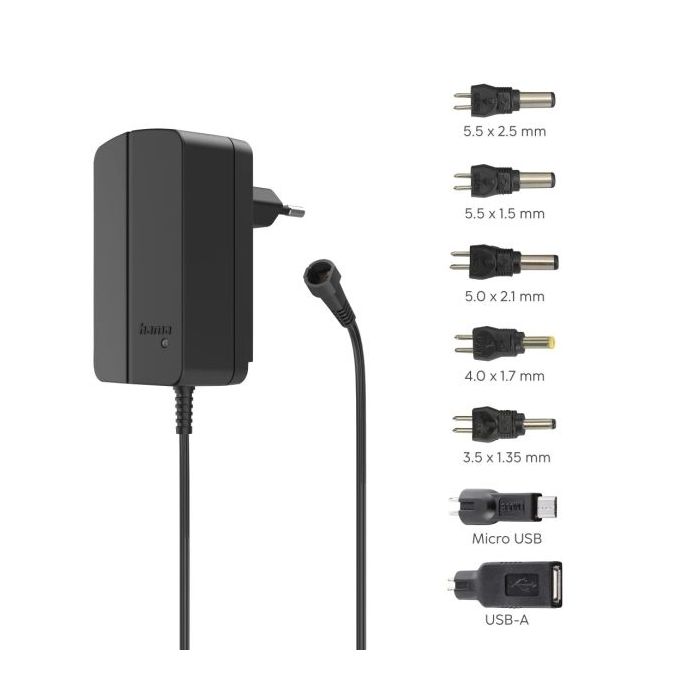 Hama Fuente de Alimentacion Multidispositivo - Potencia 18W - Voltaje 12V - Indicador LED - 7 Adaptadores - Intensidad Maxima 1.