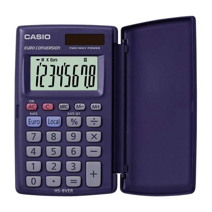 Casio HS-8VERA Calculadora de Bolsillo con Tapa - Pantalla LC Extragrande de 8 Digitos - Funcion Conversor de Euros - Color Azul