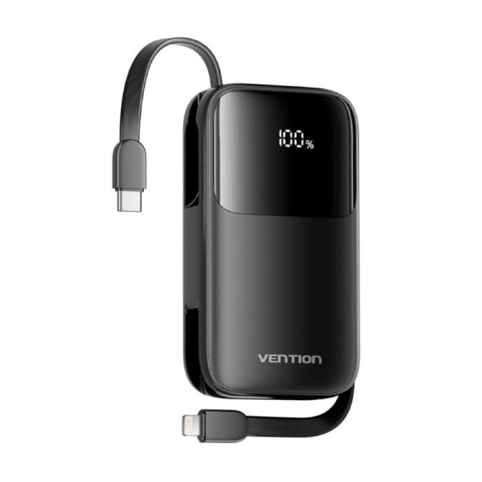 Vention Powerbank de 10000mAh - Potencia de Salida hasta 22.5W - Cable USB-C y Lightning Integrado - USB-A - Pantalla LED - Colo