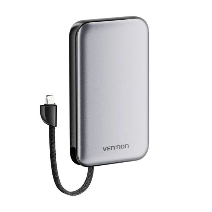 Vention Powerbank de 10000mAh - Potencia de Salida hasta 20W - Cable Lightning Integrado - USB-A - USB-C - Color Gris