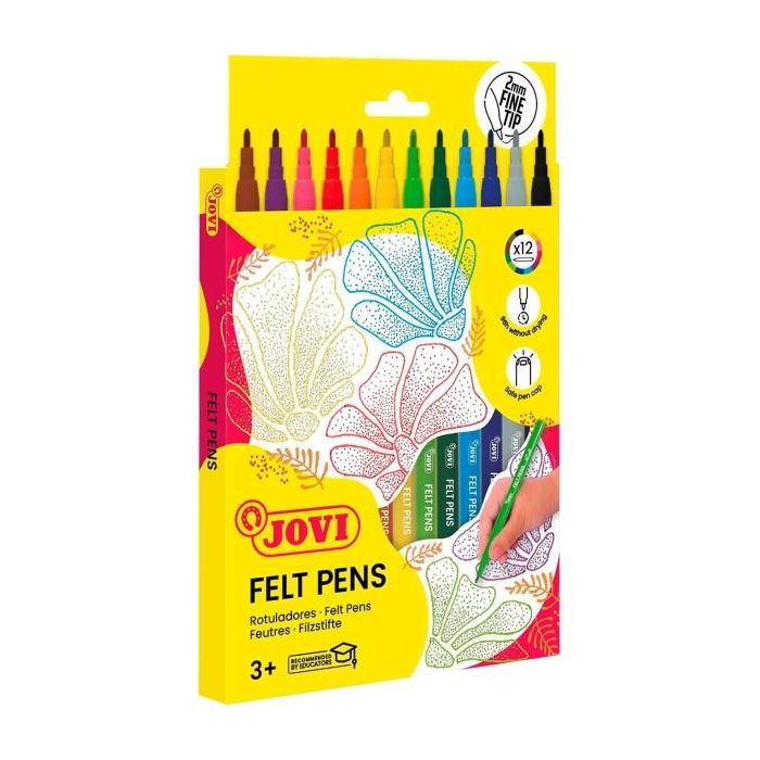 Jovi Felt Pens Estuche de 12 Rotuladores - Punta de 2mm - Amplia Variedad de Tonos - Tinta de Gran Fijacion - Capuchon de Seguri