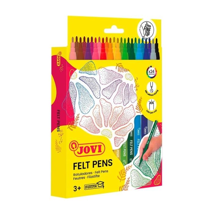 Jovi Felt Pens Estuche de 24 Rotuladores - Punta de 2mm - Amplia Variedad de Tonos - Tinta de Gran Fijacion - Capuchon de Seguri