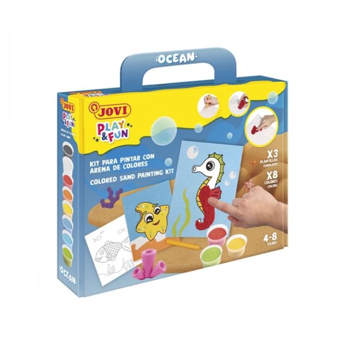 Jovi Play - Fun Kit Pinta con Arena Ocean con 8 Botes de Arena + 1 Punzon + 3 Laminas con Diseños de Animales Acuaticos - Colore