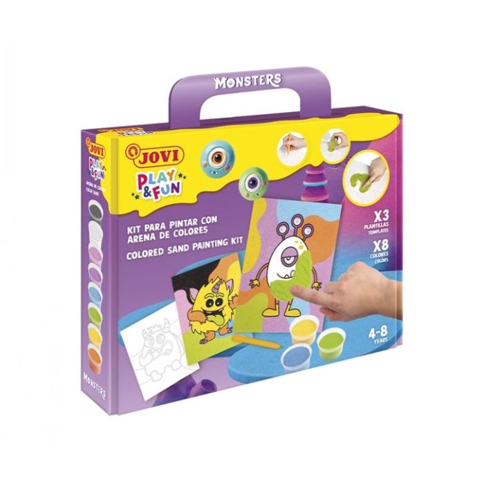 Jovi Play - Fun Kit Pinta con Arena Monsters con 8 Botes de Arena + 1 Punzon + 3 Laminas con Diseños de Monstruos - Colores Surt