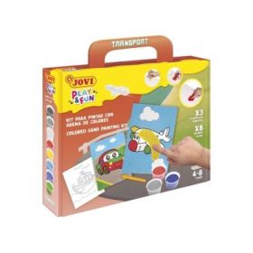 Jovi Play - Fun Kit Pinta con Arena Transport con 8 Botes de Arena + 1 Punzon + 3 Laminas con Diseños de Transportes - Colores S