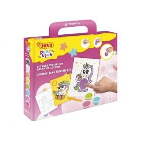 Jovi Play - Fun Kit Pinta con Arena Unicorns con 8 Botes de Arena + 1 Punzon + 3 Laminas con Diseños de Unicornios - Colores Sur