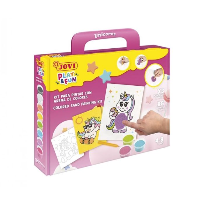Jovi Play - Fun Kit Pinta con Arena Unicorns con 8 Botes de Arena + 1 Punzon + 3 Laminas con Diseños de Unicornios - Colores Sur