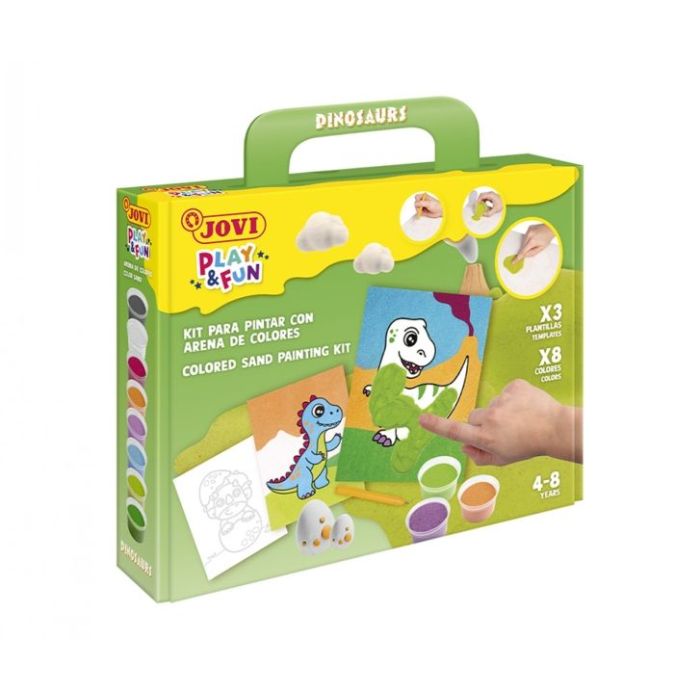 Jovi Play - Fun Kit Pinta con Arena Dinosaurs con 8 Botes de Arena + 1 Punzon + 3 Laminas con Diseños de Dinosaurios - Colores S