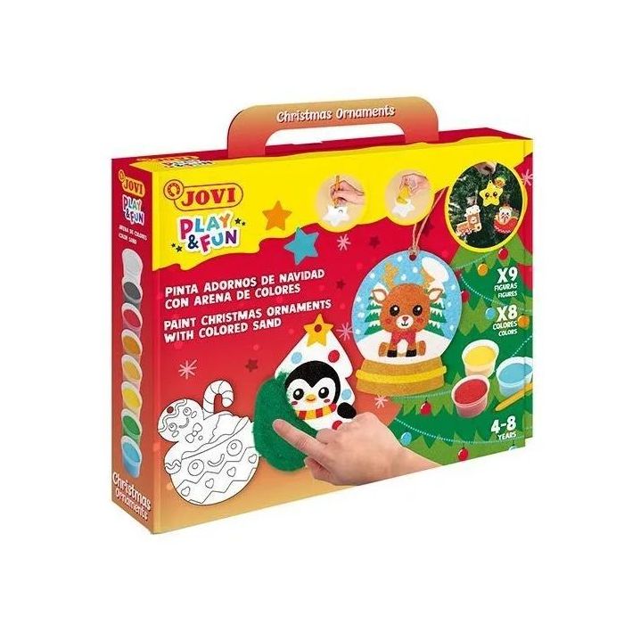 Jovi Play - Fun Kit Pinta con Arena Christmas Ornaments con 8 Botes de Arena + 1 Punzon + 3 Laminas con Diseños Navideños - Colo