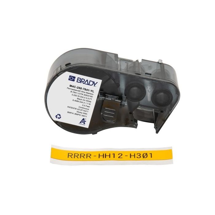 Brady M4C-250-7641-YL Cinta Termorretractil de Etiquetas - Texto Negro sobre Fondo Amarillo - Ancho 11.15mm x Largo 1.68m