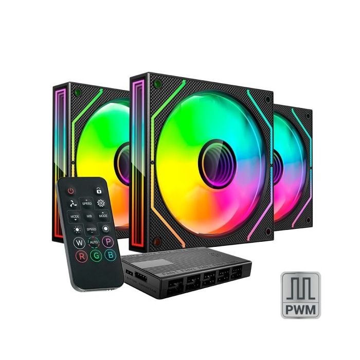 Mars Gaming MF-3DPROKIT Pack de 3 Ventiladores de 120mm - Iluminacion ARGB Infinity Mirror 360º - Silencioso 12dB - Mando a Dist