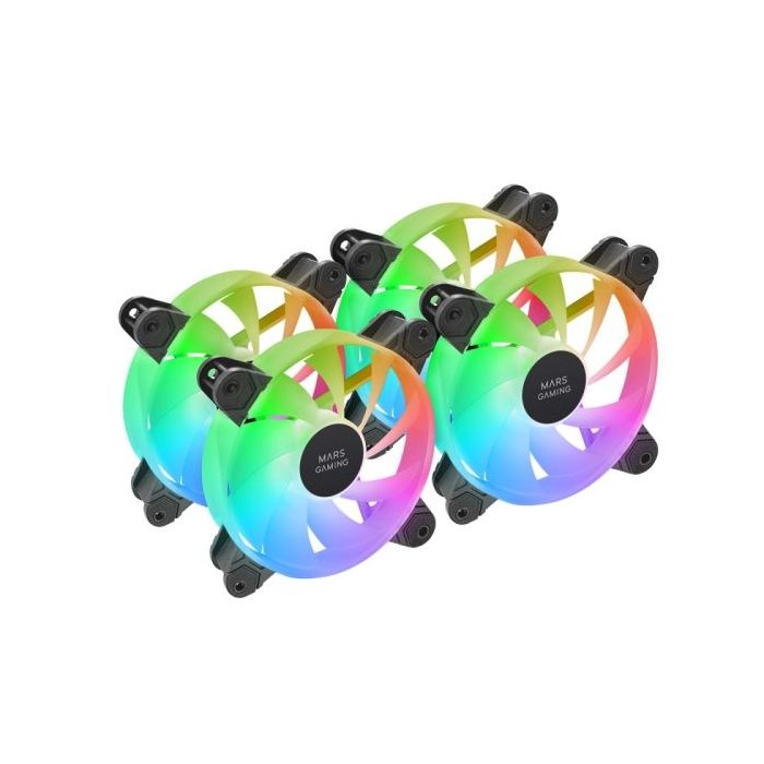 Mars Gaming MF-4A Pack de 4 Ventiladores de 120mm - 1000rpm - Iluminacion ARGB sin Marco - FDB - Silencioso 14dB - Tornillos Inc