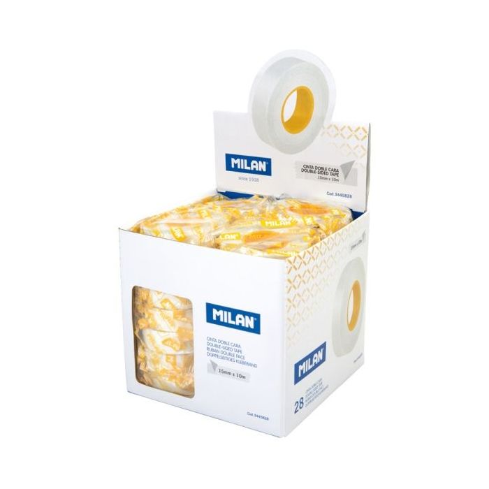 Milan Expositor con 28 Rollos Cinta Adhesiva de Doble Cara - 15mm x 10m - Color Transparente