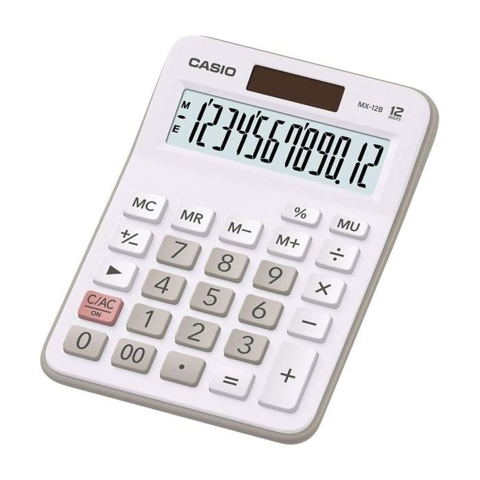 Casio MX-12B Calculadora de Escritorio Pequeña - Pantalla LCD de 12 Digitos - Solar y Pilas - Color Blanco