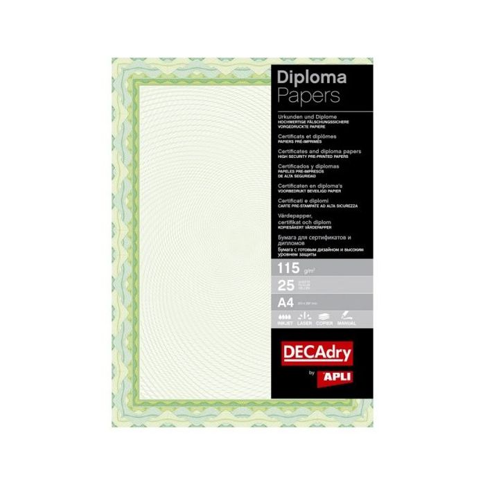 Apli Pack de 25 Hojas de Papel Certificado - Diseño de Concha - 115gr - Ideal para Certificados y Diplomas - Compatible con Impr