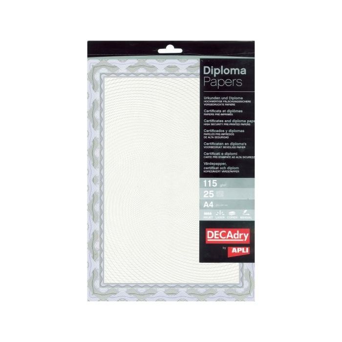 Apli Pack de 25 Hojas de Papel Certificado - Diseño Espiral - 115gr - Ideal para Certificados y Diplomas - Compatible con Impres