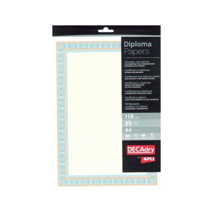 Apli Pack de 25 Hojas de Papel Certificado - Diseño Helico en el Marco - 115gr - Ideal para Certificados y Diplomas - Compatible