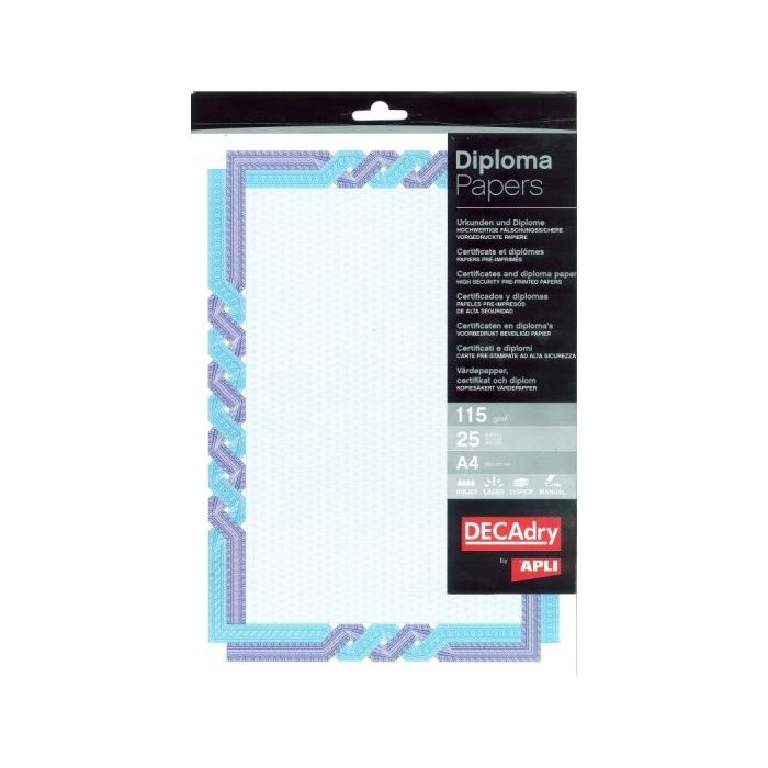 Apli Pack de 25 Hojas de Papel Certificado - 115gr - Diseño Trenzado en el Marco - Ideal para Certificados y Diplomas - Compatib