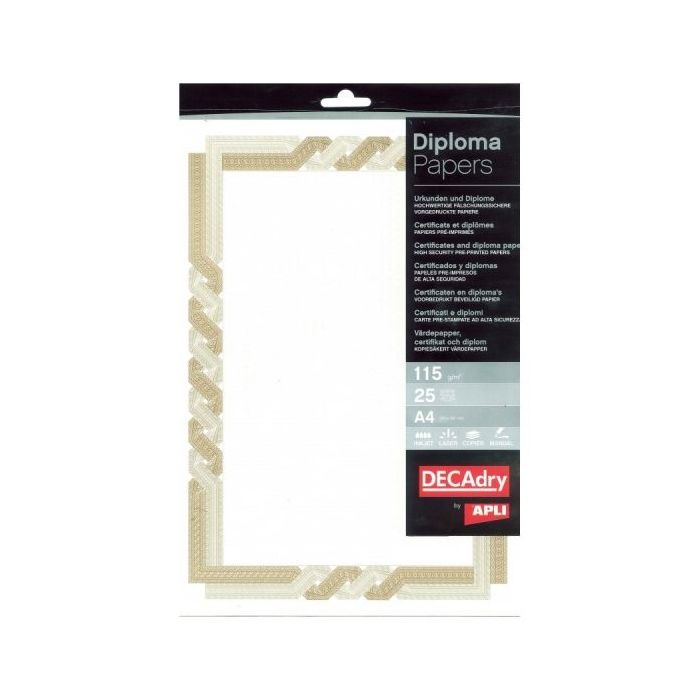 Apli Pack de 25 Hojas de Papel Certificado - Diseño Trenzado - 115gr - Ideal para Certificados y Diplomas - Compatible con Impre