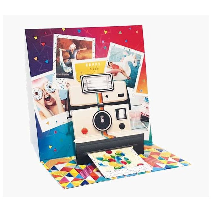 Pictura Tarjeta 3D Pop-Up Polaroid - 16x16cm - Tematica Polaroid - Embolsada Individualmente - Incluye Sobre Blanco - Papel con