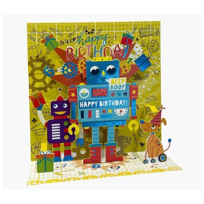 Pictura Tarjeta 3D Pop-Up - 16x16cm - Tematica Robots - Embolsada Individualmente - Incluido Sobre Blanco - Papel con Certificac