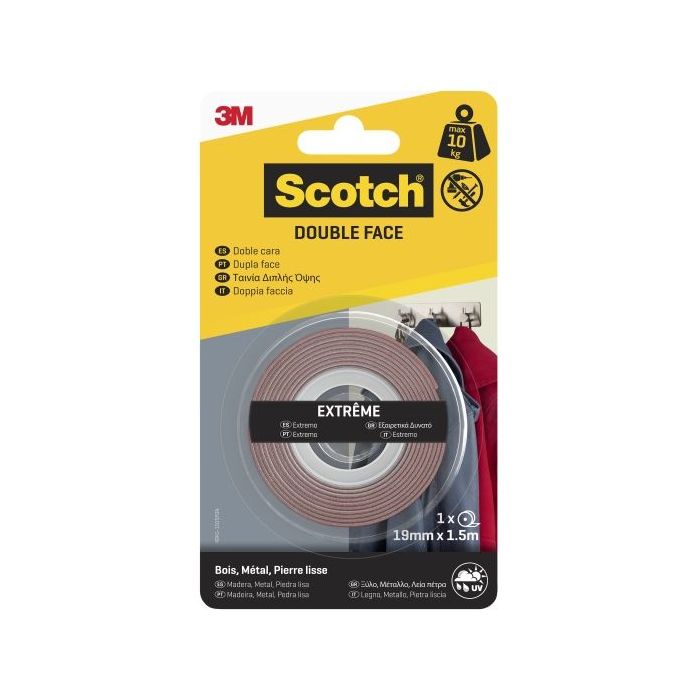 Scotch Extreme Cinta Adhesiva de Doble Cara - 19mm x 1.5m - Color Transparente