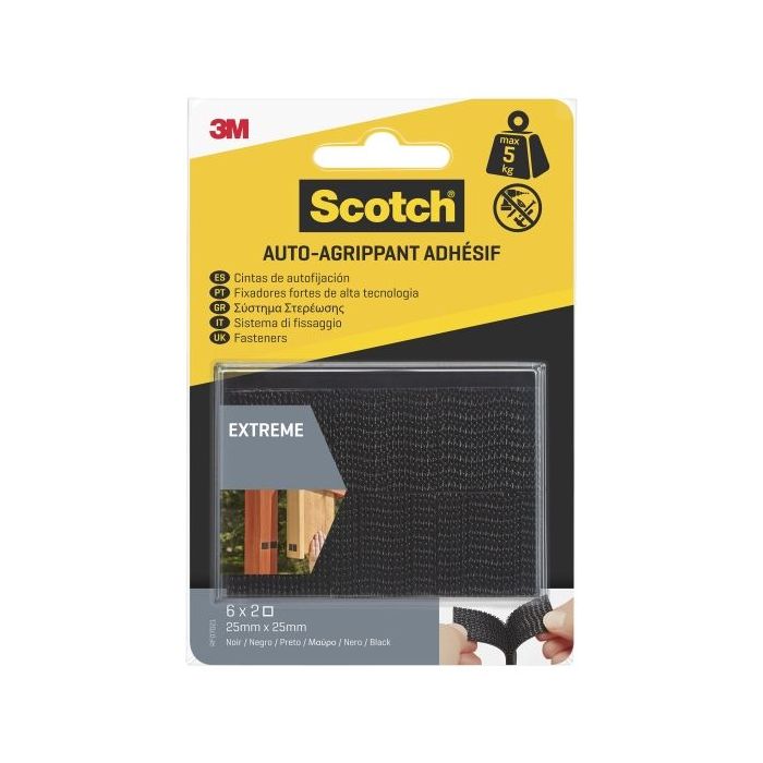 Scotch Extreme Pack de 6 Cierres Adhesivos Reposicionables - 25x25mm - Altas Prestaciones - Color Negro