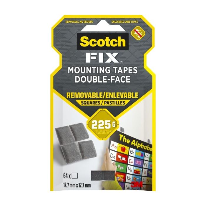 Scotch-Fix Pack de 64 Cuadrados Adhesivos de Doble Cara Reutilizables - 12.7mm x 12.7mm - Color Gris