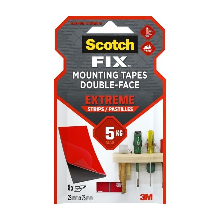 Scotch-Fix Pack de 8 Tiras de Montaje Extremo de Doble Cara - 25x76mm - Color Negro