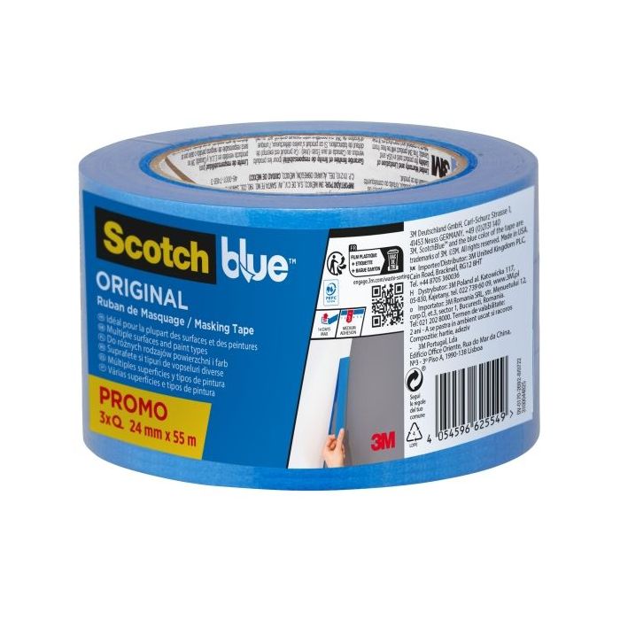 Scotchblue Original Pack de 3 Cintas de Enmascarar - 24mm x 55m - 100% PEFC - Multisuperficie - Color Azul