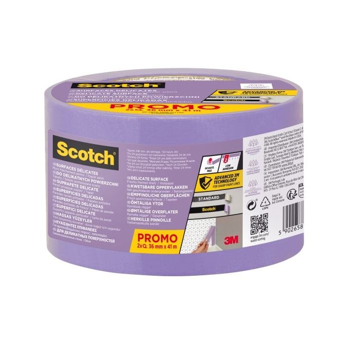 Scotchblue Pack de 2 Cintas de Enmascarar para Superficies Delicadas - 36mm x 41m - 100% PEFC - Color Morado