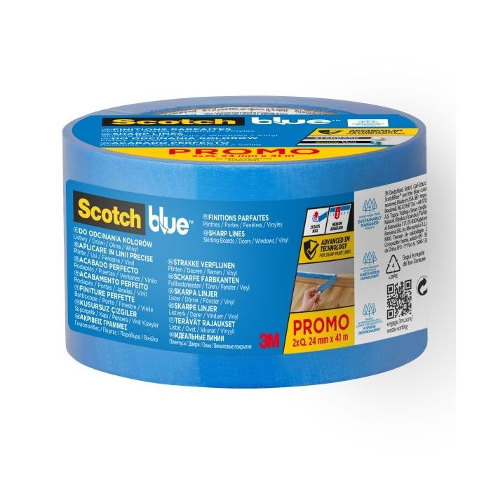 Scotchblue Pack de 2 Cintas de Enmascarar para Lineas Precisas - 24mm x 41m - 100% PEFC - Color Azul