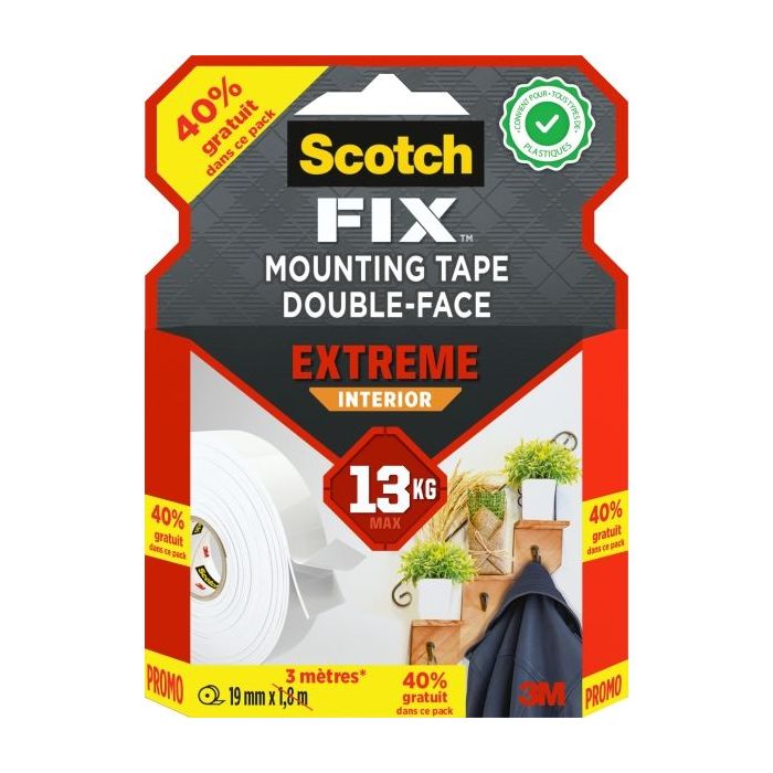 Scotch-Fix Cinta de Montaje para Interior Extremo de Doble Cara - Promocion 40% Gratis - 19 mm x 3m - Color Blanco