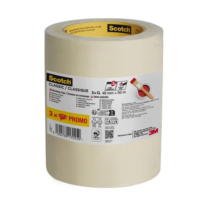 Scotch Utility Pack de 3 Cintas de Enmascarar - 48mm x 50m - 70% PEFC - Color Blanco
