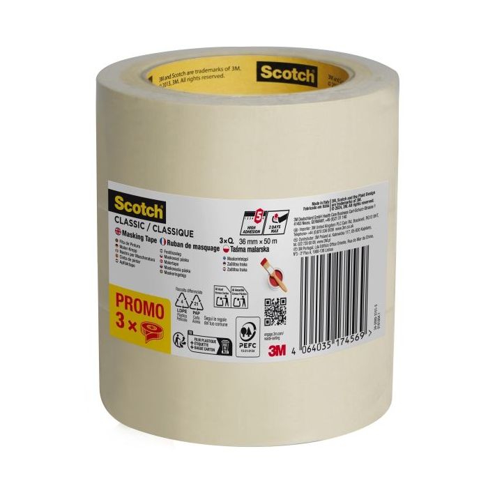 Scotch Classic Cinta de Enmascarar - 36mm x 50m - 70% PEFC - Color Blanco